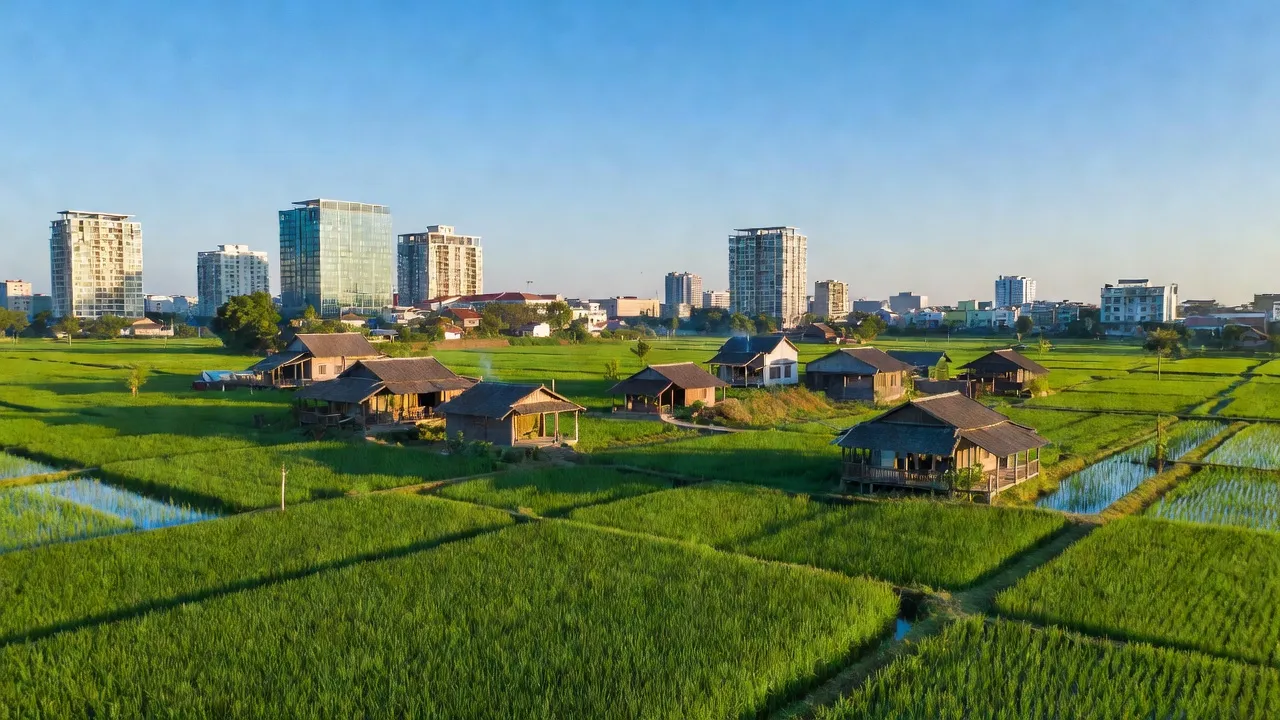 Xã Vĩnh Quỳnh, huyện Thanh Trì với cánh đồng xanh, nhà truyền thống và các tòa nhà hiện đại.