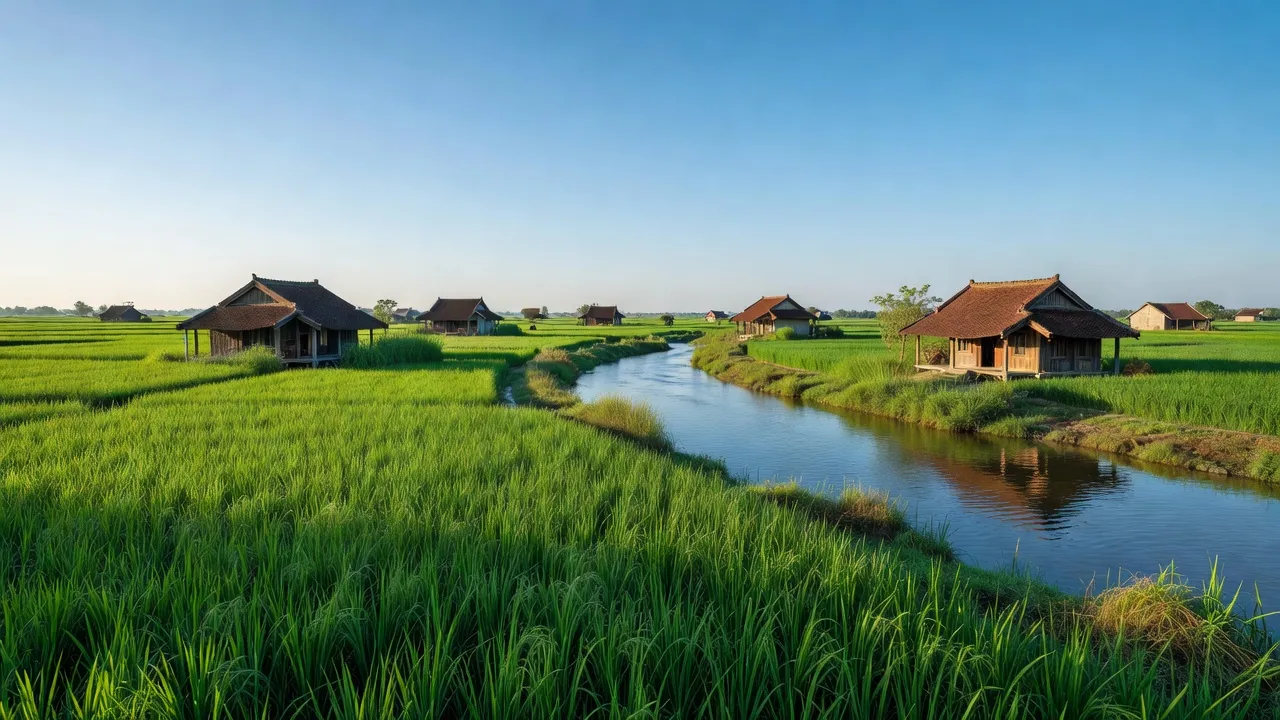 Cảnh Yên Mỹ, huyện Thanh Trì, Hà Nội với sông Hồng, nhà truyền thống và cánh đồng xanh.