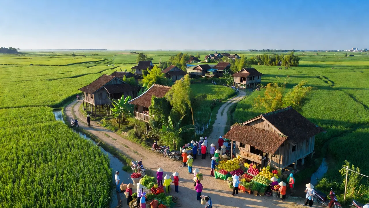 Khung cảnh huyện Thường Tín, Hà Nội với cánh đồng xanh, làng quê truyền thống và chợ địa phương sôi động.