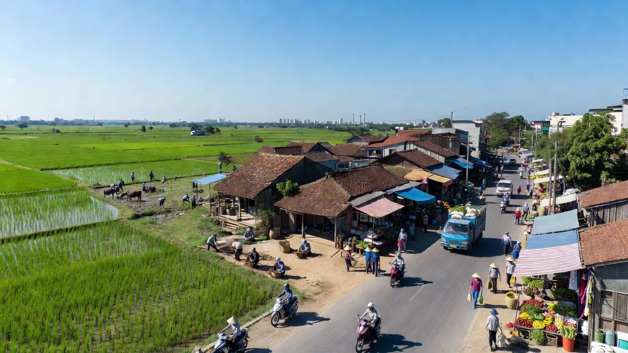 Quang cảnh huyện Thường Tín, Hà Nội với cánh đồng, làng nghề, và kết nối giao thông nhộn nhịp.