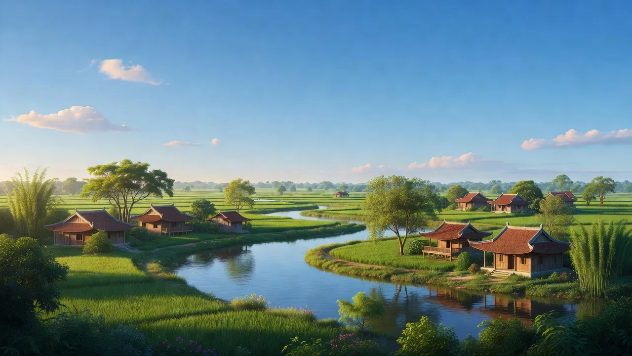 Cảnh đẹp làng quê xã Chương Dương, huyện Thường Tín, Hà Nội với cánh đồng xanh và dòng sông Hồng.