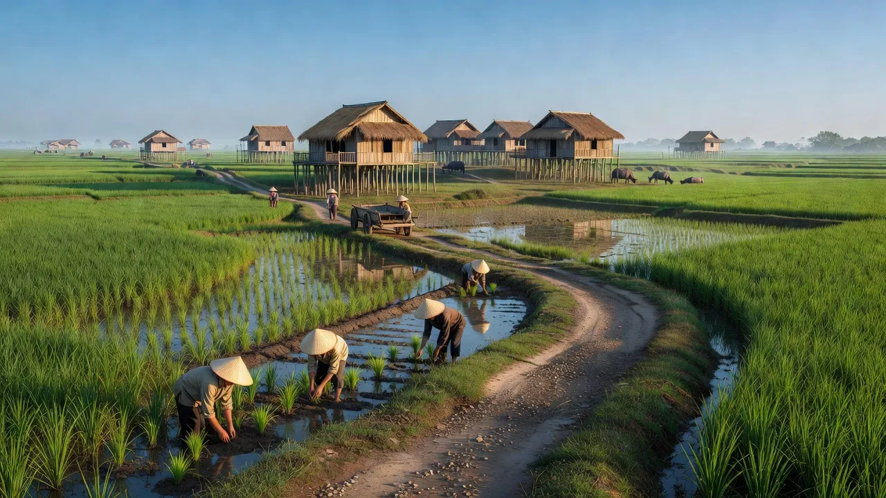 Khung cảnh yên bình ở xã Dũng Tiến, huyện Thường Tín, với cánh đồng lúa và bầu trời trong xanh.