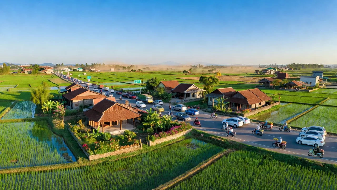Khung cảnh tuyệt đẹp ở xã Duyên Thái, huyện Thường Tín, Hà Nội, với những cánh đồng xanh mướt và nhà truyền thống.