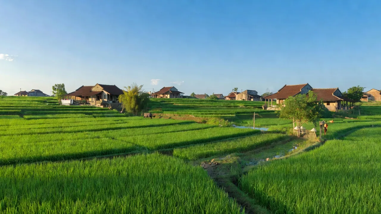 Cảnh quan xã Hiền Giang, huyện Thường Tín, Hà Nội với cánh đồng xanh và nhà truyền thống.