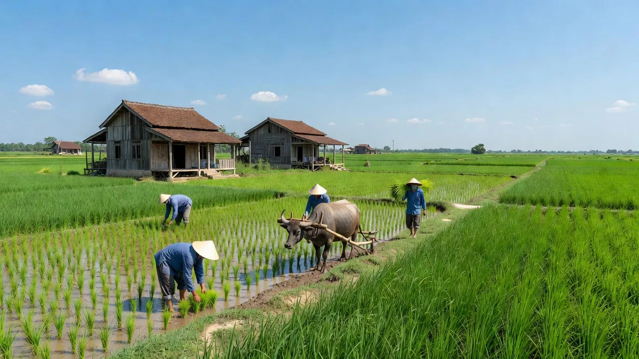Khung cảnh Xã Hòa Bình, huyện Thường Tín, Hà Nội với cánh đồng xanh và nhà truyền thống.