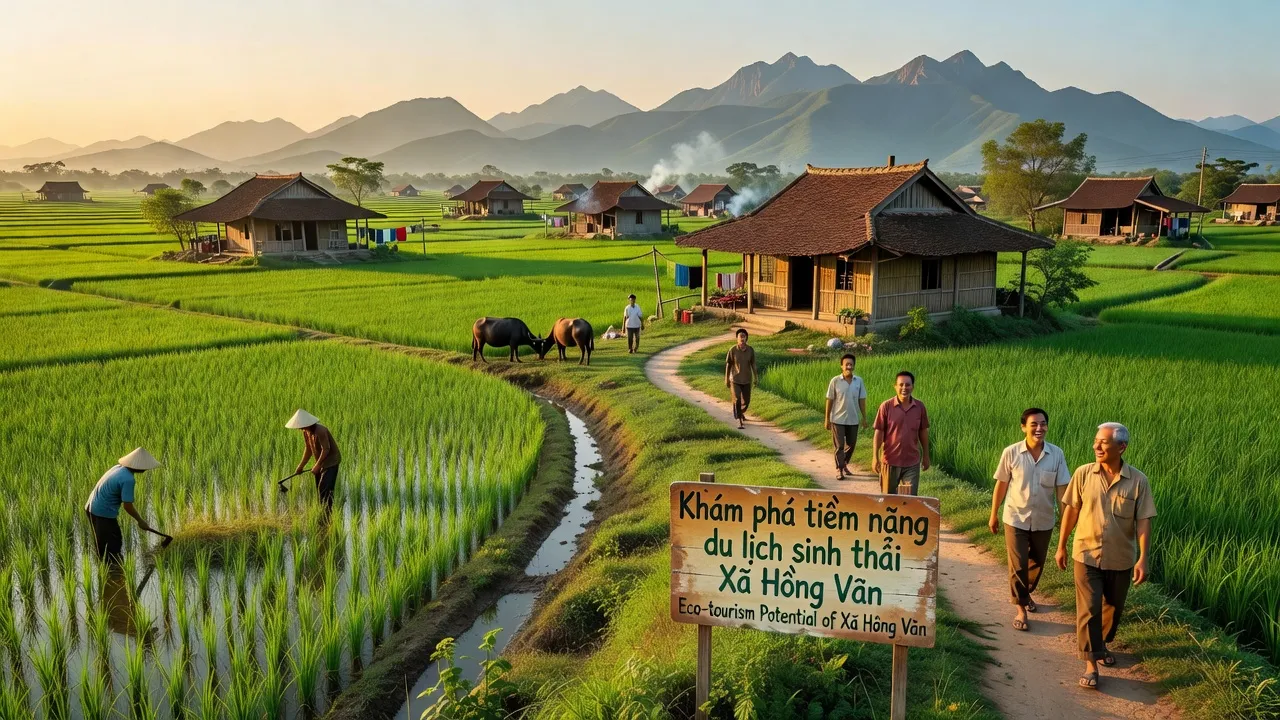 Khung cảnh thơ mộng tại xã Hồng Vân, Thường Tín, Hà Nội với cánh đồng xanh và nhà truyền thống.