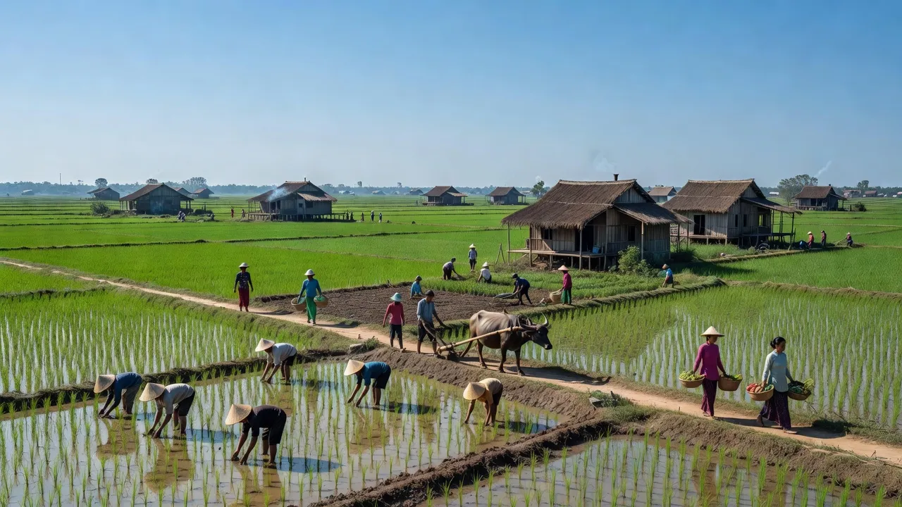 Khánh Hà village, Thường Tín district, Hanoi, featuring green fields and traditional Vietnamese architecture.