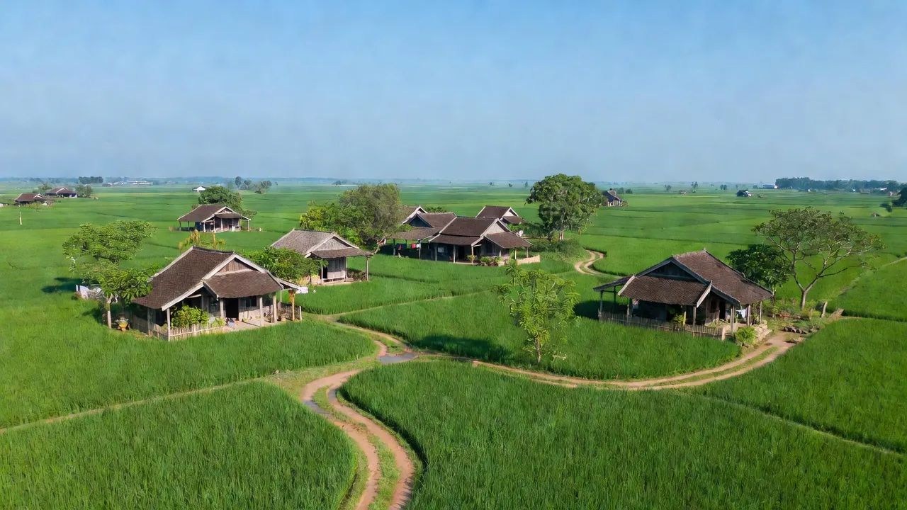 Cảnh đẹp Xã Lê Lợi, huyện Thường Tín, Hà Nội với cánh đồng xanh và nhà truyền thống.