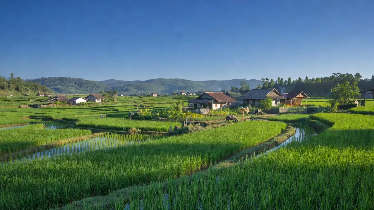 Cảnh quan xã Lê Lợi, huyện Thường Tín, Hà Nội với cánh đồng xanh và nhà mái ngói.