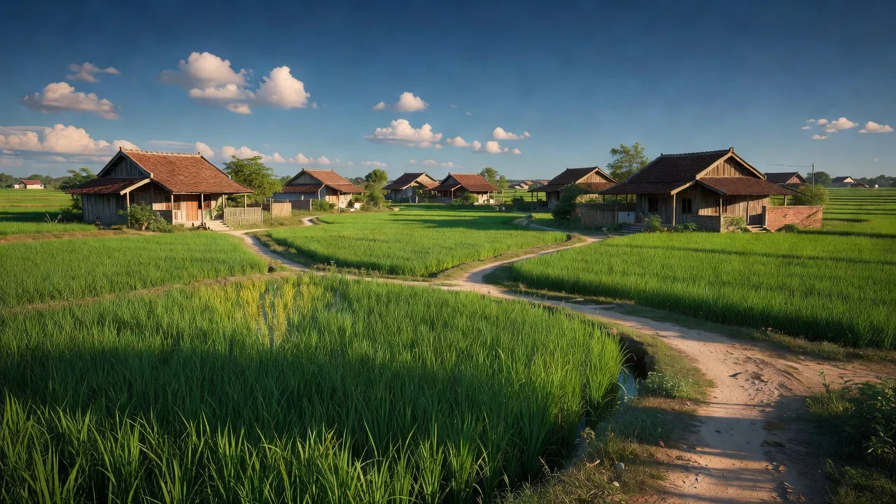 Cảnh quan xã Liên Phương, huyện Thường Tín, Hà Nội với cánh đồng xanh và nhà truyền thống.