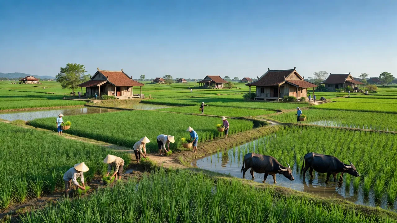 Khung cảnh thanh bình xã Liên Phương, huyện Thường Tín, Hà Nội với cánh đồng xanh, nhà truyền thống.