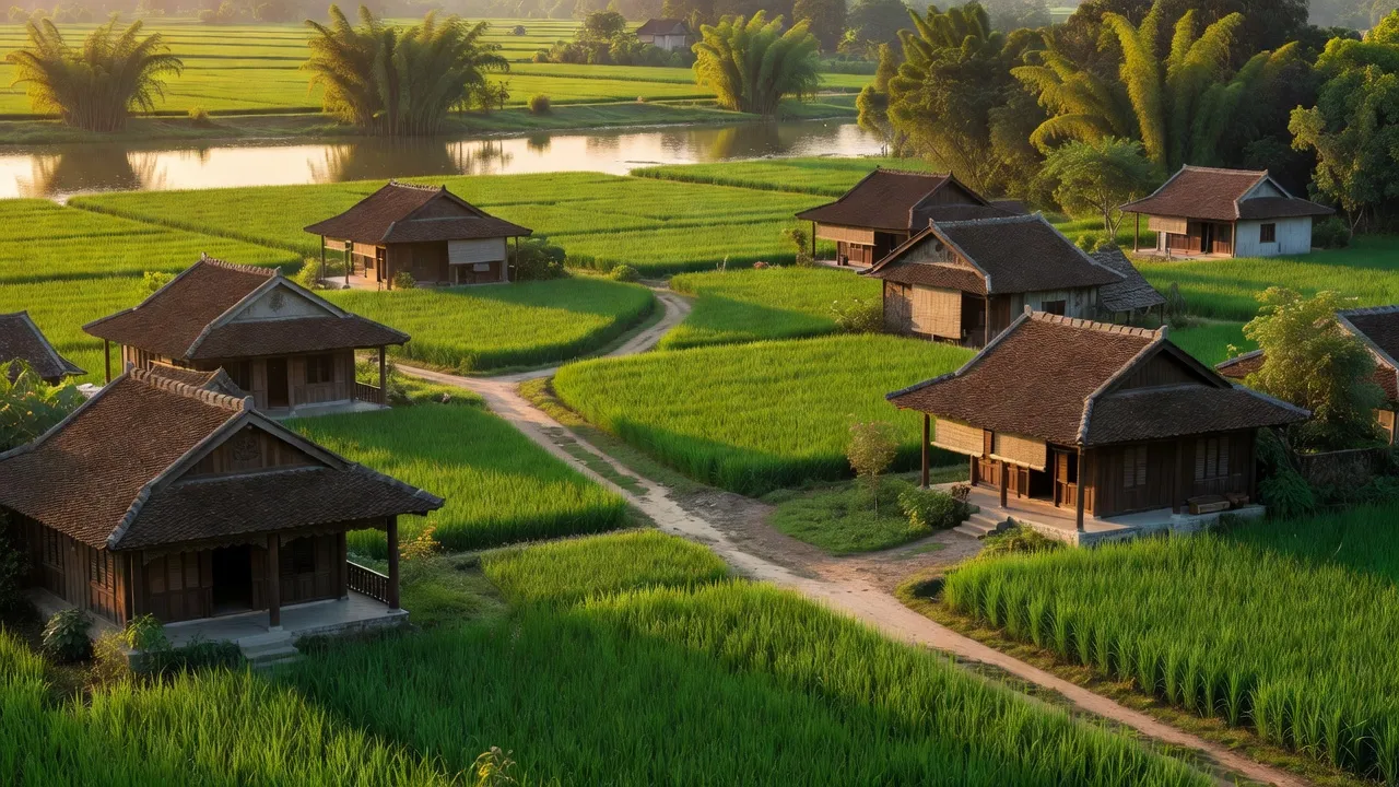 Quang cảnh nông thôn xã Nguyễn Trãi, huyện Thường Tín, Hà Nội với nhà truyền thống và đồng xanh.