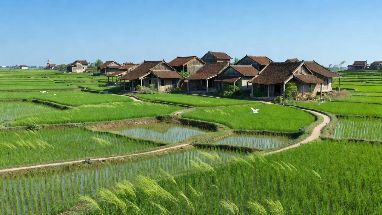 Cảnh quan xã Nhị Khê, huyện Thường Tín, Hà Nội với ruộng lúa và nhà truyền thống.