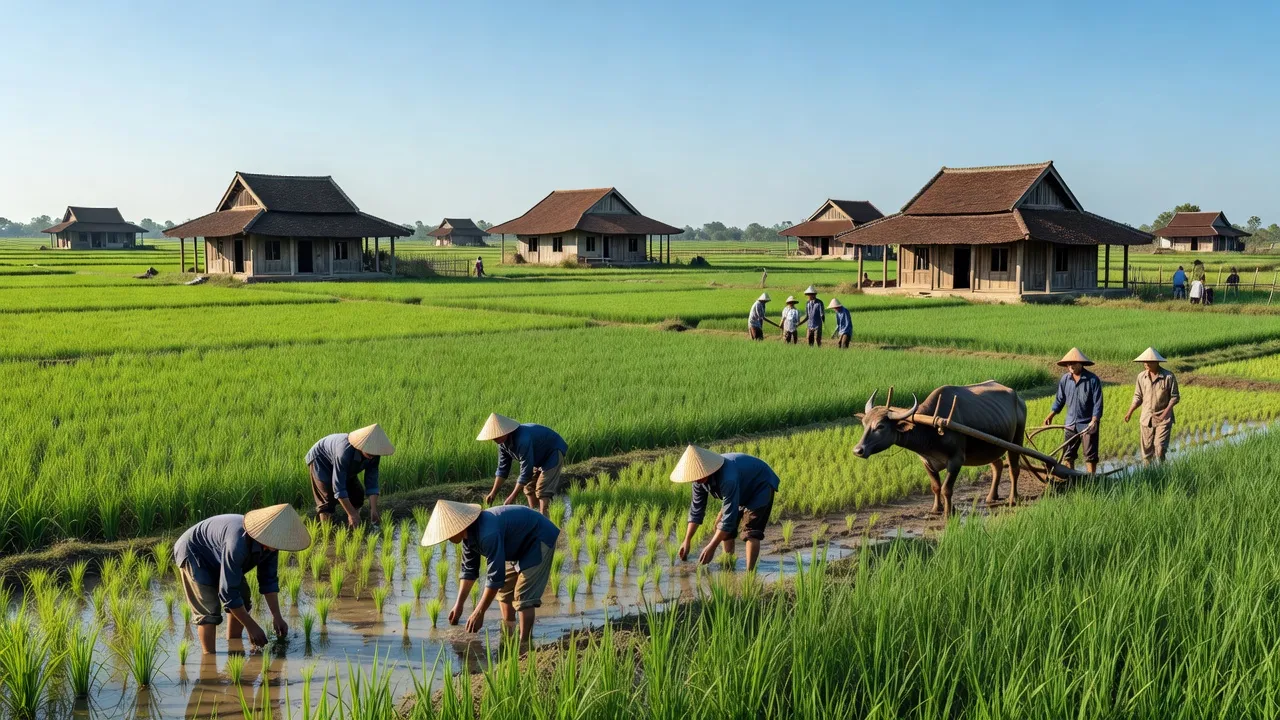 Khung cảnh yên bình xã Nhị Khê, huyện Thường Tín, với nhà truyền thống và cánh đồng xanh.