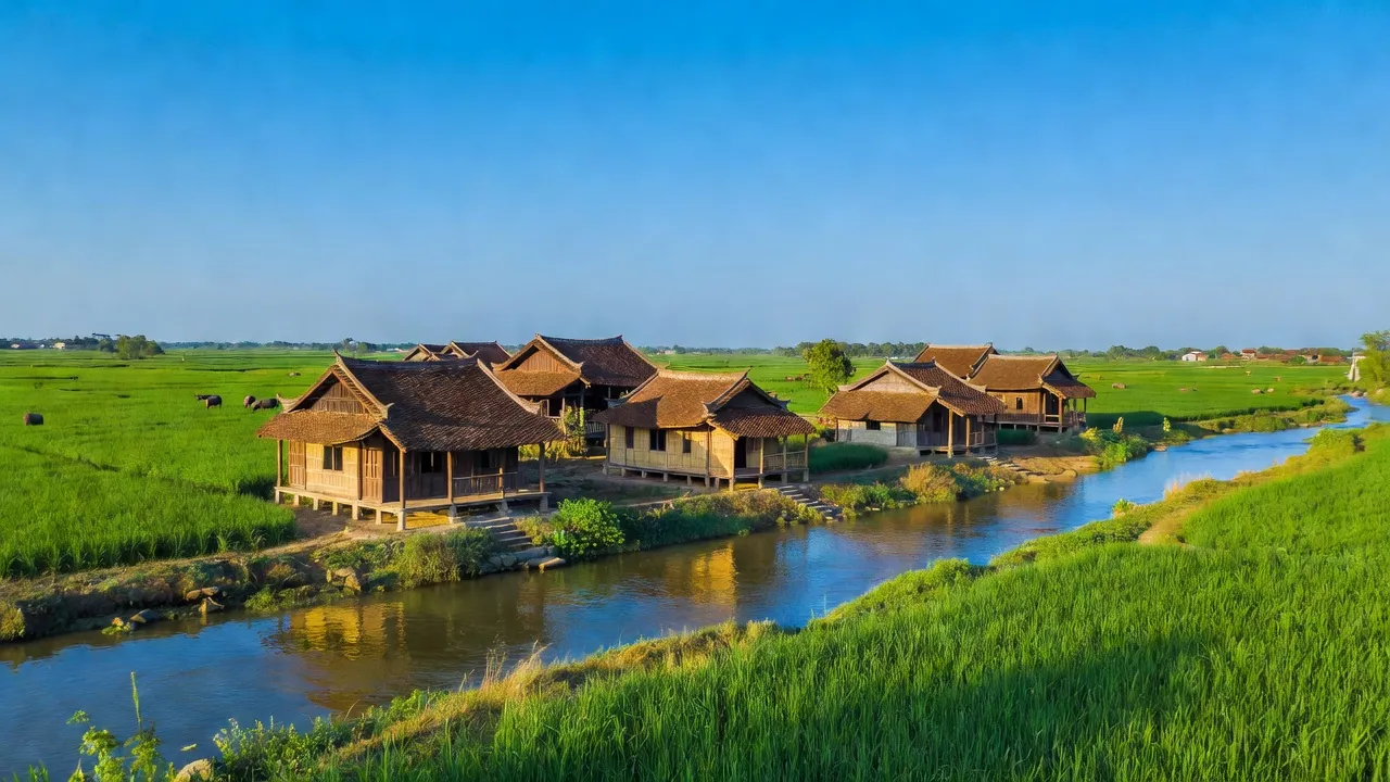 Cảnh làng Ninh Sở, huyện Thường Tín, Hà Nội với nhà truyền thống và cánh đồng xanh.
