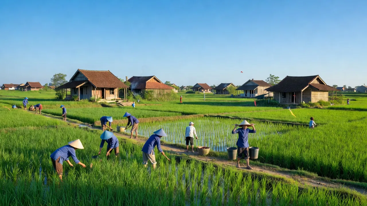 Cảnh đồng quê xã Quất Động, huyện Thường Tín, Hà Nội với ruộng lúa và nhà truyền thống.