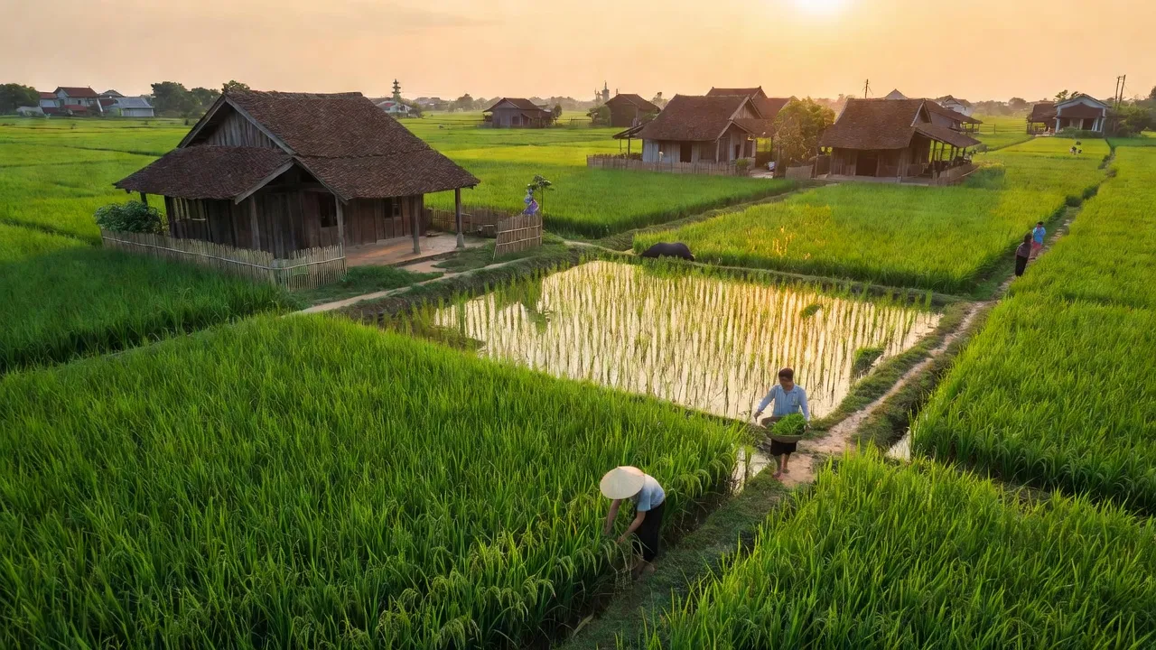 Quất Động village in Thường Tín, Hanoi, showcasing beautiful rice fields and traditional houses.