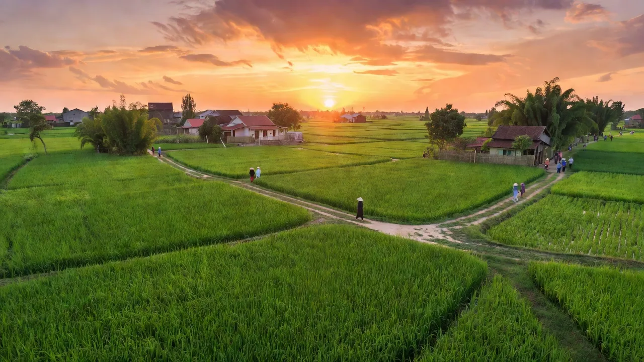 Khung cảnh đẹp tại xã Tân Minh, Thường Tín, Hà Nội với cánh đồng và nhà cửa yên bình.