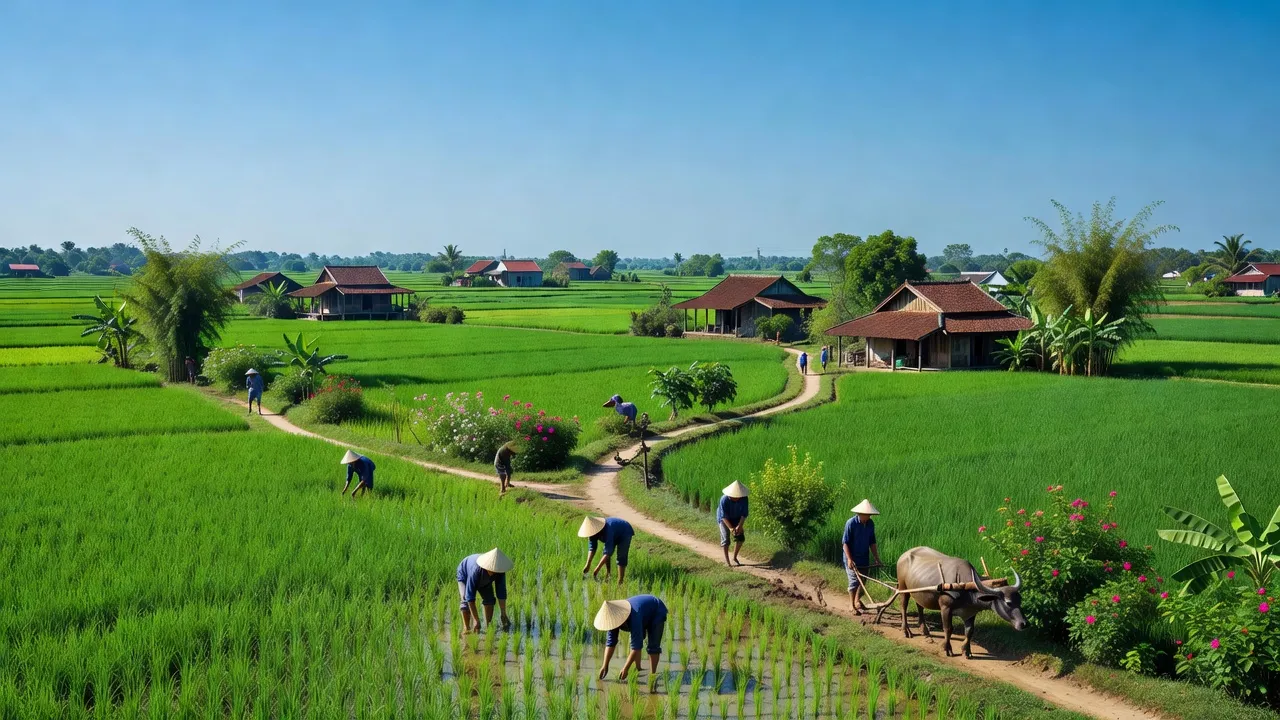 Khung cảnh xanh tươi ở Xã Tân Minh, Huyện Thường Tín, với nhà truyền thống và bầu trời trong xanh.