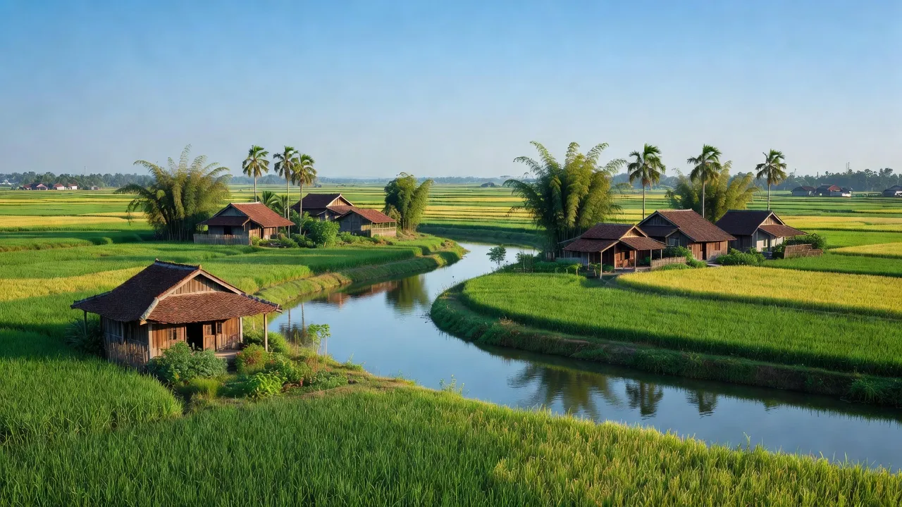 Cảnh đẹp xã Thắng Lợi, huyện Thường Tín, Hà Nội với ruộng lúa và sông Hồng.
