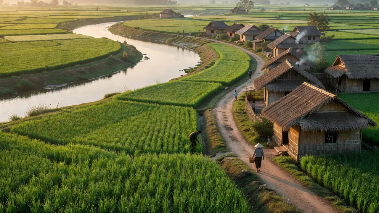 Khung cảnh làng quê xã Thắng Lợi huyện Thường Tín, gần sông Hồng với cánh đồng xanh.