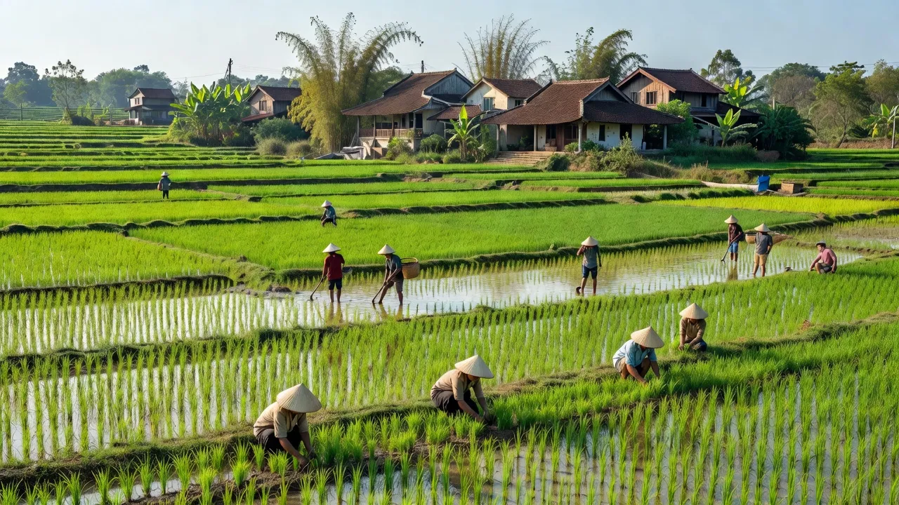 Cảnh đẹp xã Tiền Phong, huyện Thường Tín, Hà Nội với ruộng lúa xanh và nhà truyền thống.