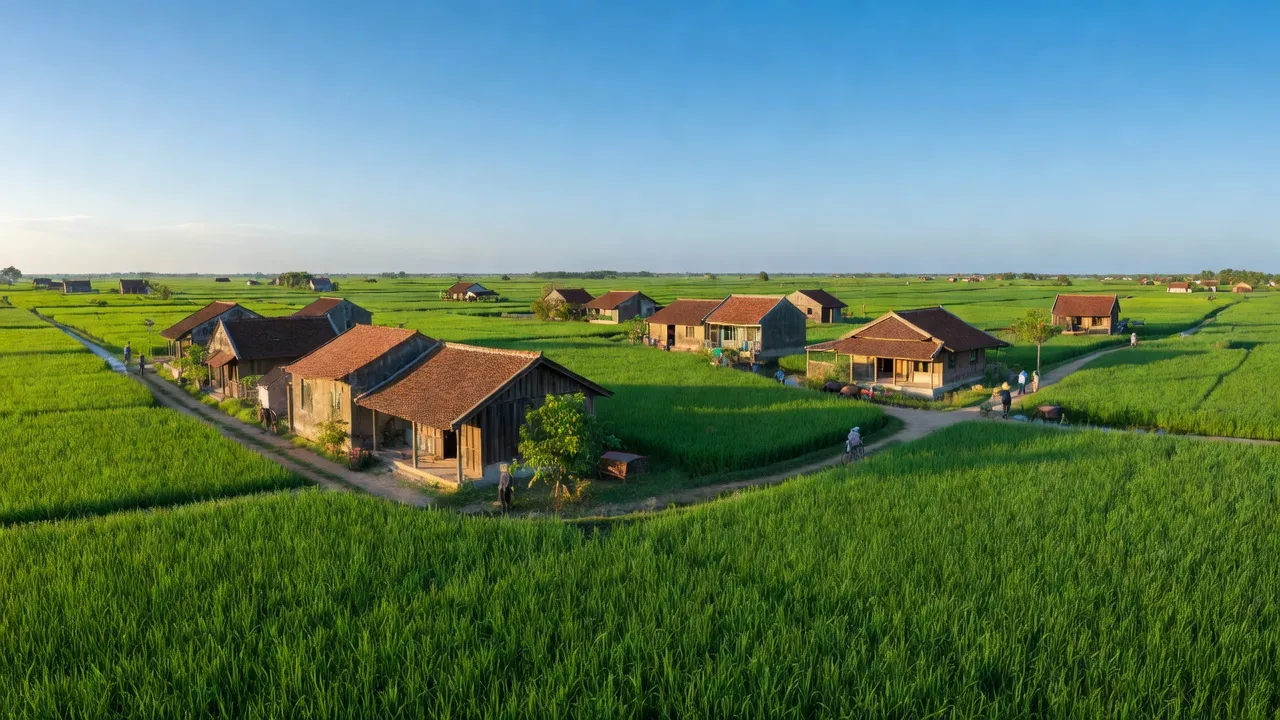 Cảnh làng Tiền Phong, Thường Tín, Hà Nội với ruộng lúa xanh và nhà truyền thống, phát triển nông thôn.