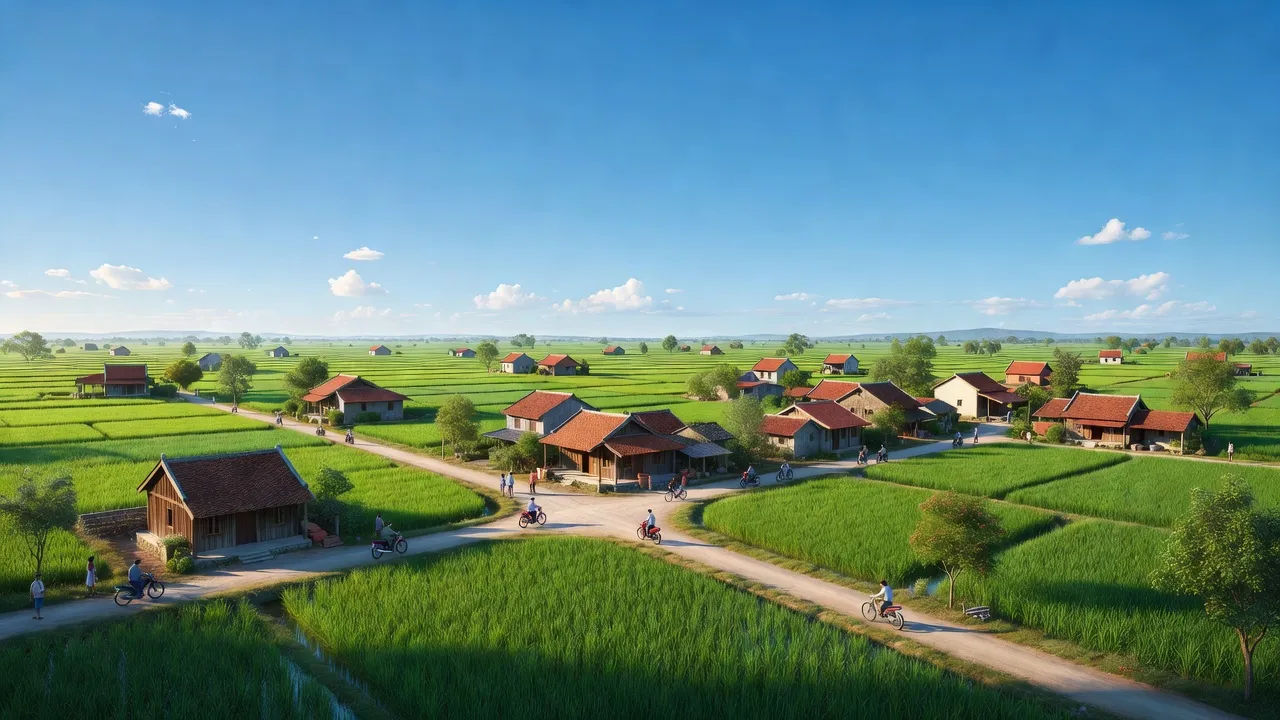 Cảnh quan xã Tô Hiệu, huyện Thường Tín, Hà Nội, với đồng xanh và nhà truyền thống.