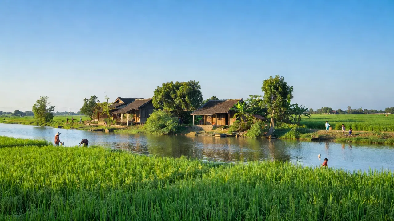 Cảnh sắc xã Tự Nhiên, huyện Thường Tín, Hà Nội với đồng ruộng và sông Hồng, không khí trong lành.