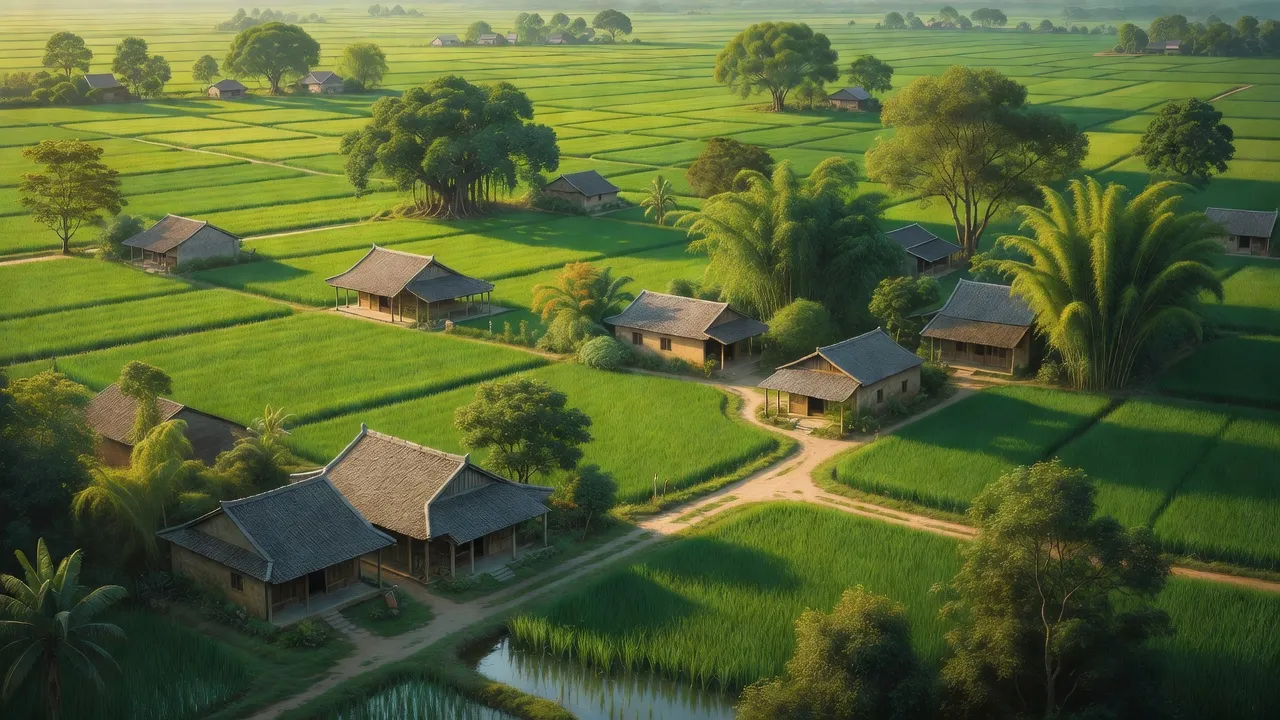 Cảnh đẹp xã Văn Bình, huyện Thường Tín, Hà Nội với cảnh đồng xanh và nhà truyền thống.