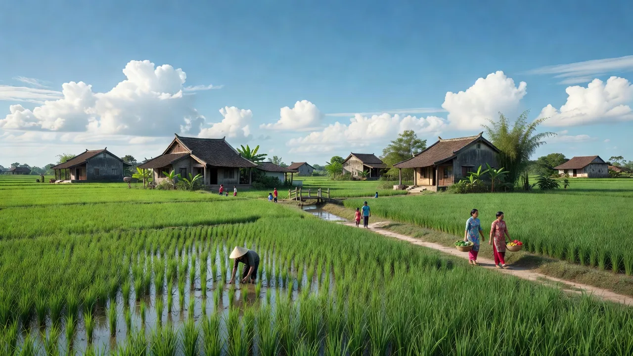Sáng cảnh xã Văn Bình, huyện Thường Tín, Hà Nội với đồng lúa xanh và nhà truyền thống.