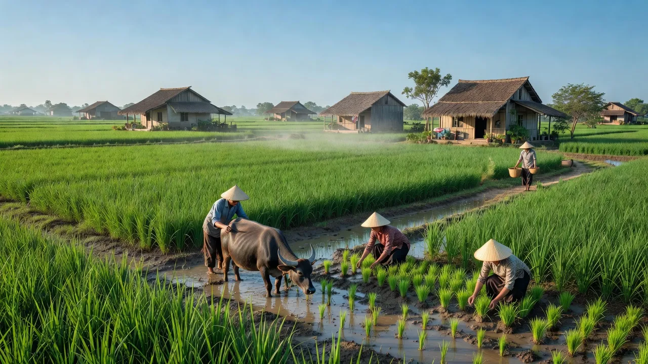 Cảnh sắc thiên nhiên tươi đẹp ở xã Vạn Nhất, huyện Thường Tín, Hà Nội với cánh đồng và nhà dân.