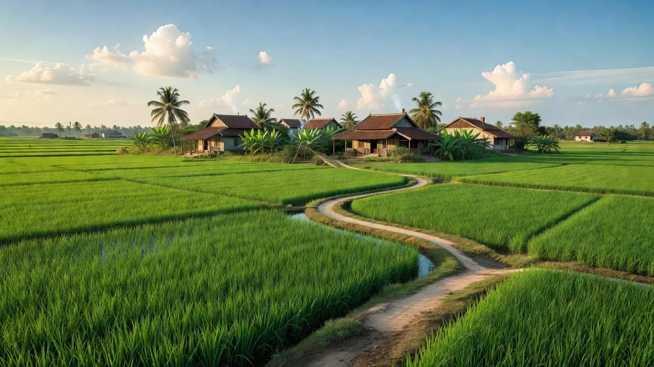 Khung cảnh yên bình của Xã Vạn Nhất, huyện Thường Tín, với cánh đồng xanh và nhà truyền thống.