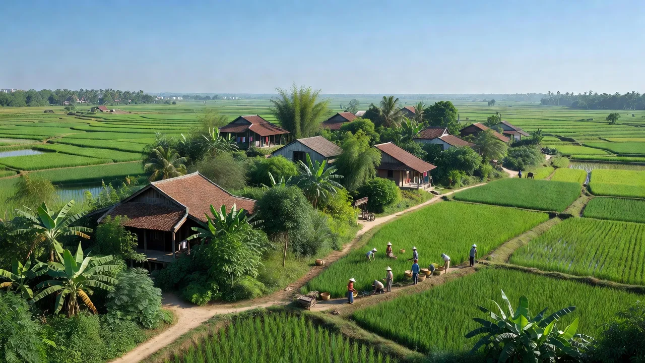 Cảnh quan huyện Ứng Hòa, Hà Nội với ruộng lúa, nhà truyền thống và bầu trời trong xanh.