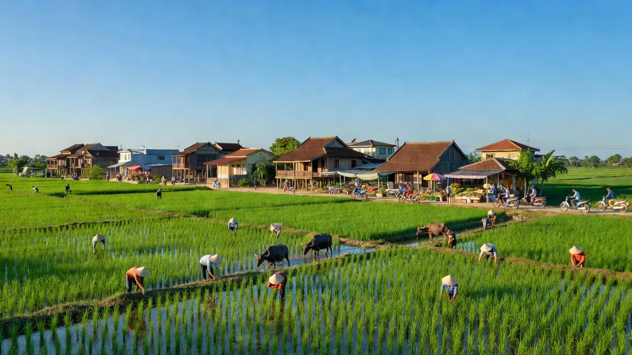 Khung cảnh huyện Ứng Hòa, Hà Nội với cánh đồng xanh và kiến trúc truyền thống Việt Nam.
