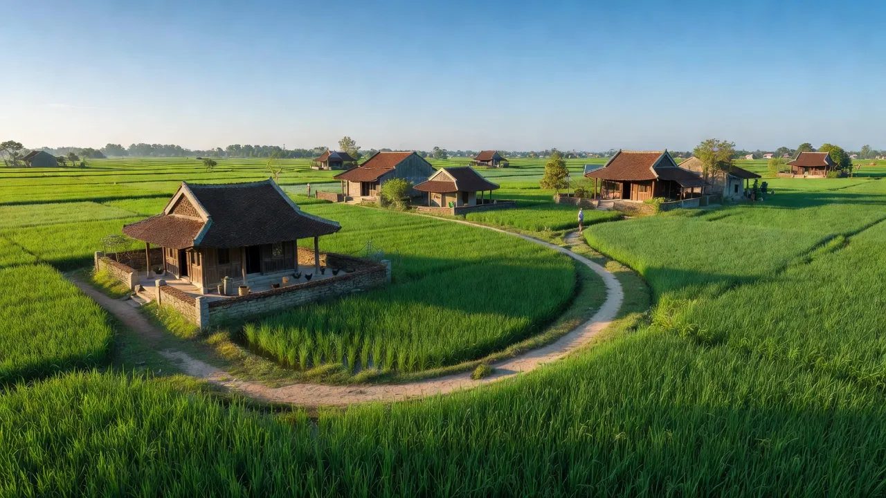 Cảnh đẹp xã Cao Sơn Tiến, huyện Ứng Hòa, Hà Nội với đồng ruộng và nhà truyền thống.