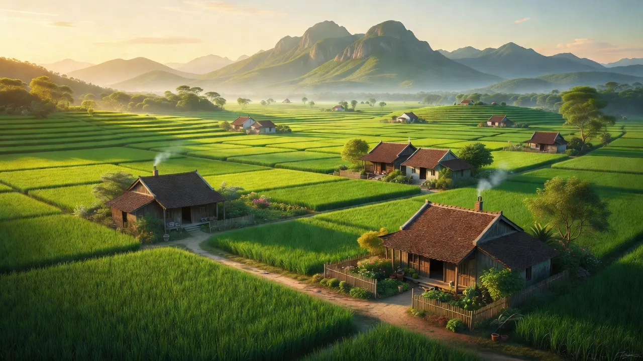 Cao Sơn Tiến, Ứng Hòa, Hà Nội với cánh đồng xanh và nhà cửa truyền thống giữa không gian yên bình.