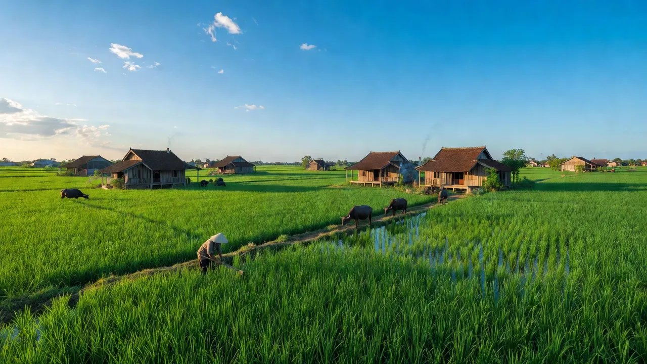 Cảnh sắc xã Đại Hùng, huyện Ứng Hòa, Hà Nội với cánh đồng xanh và nhà truyền thống.