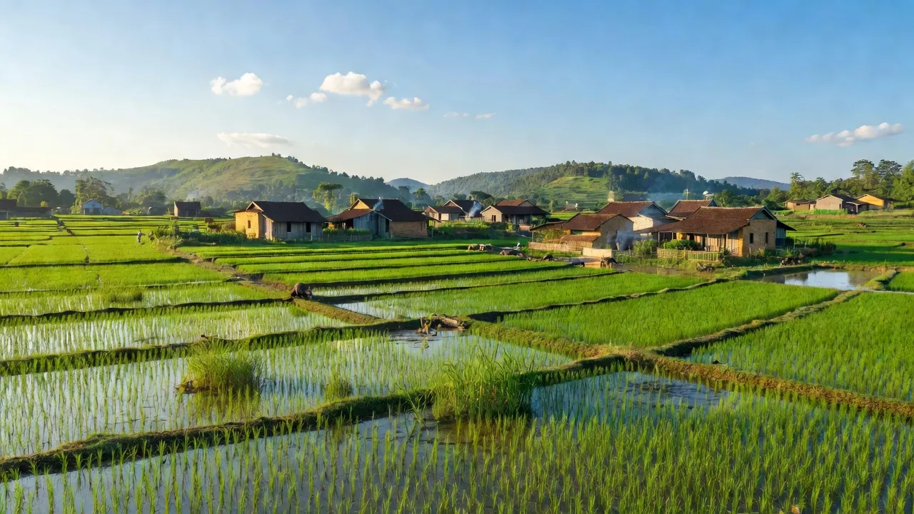 Cảnh quan xã Đông Lỗ, huyện Ứng Hòa, Hà Nội với ruộng xanh và nhà truyền thống.