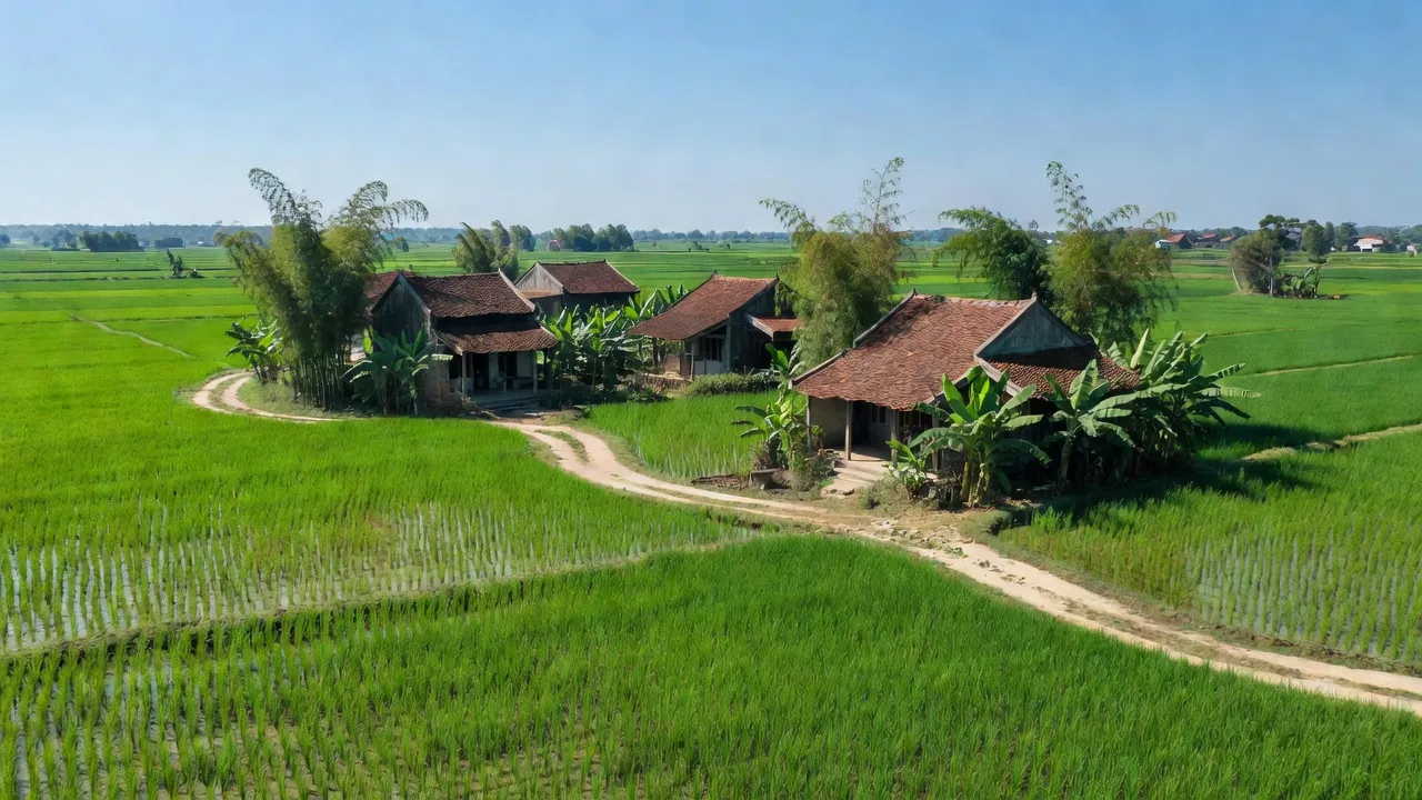 Hình ảnh xã Đồng Tân, huyện Ứng Hòa với đồng ruộng xanh tươi và nhà truyền thống.