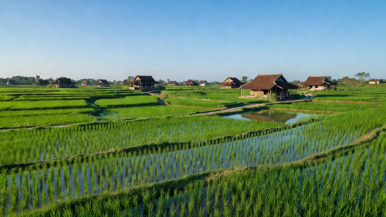 Phong cảnh Xã Hòa Phú có cánh đồng xanh, nhà truyền thống và bầu trời trong trẻo tại huyện Ứng Hòa.