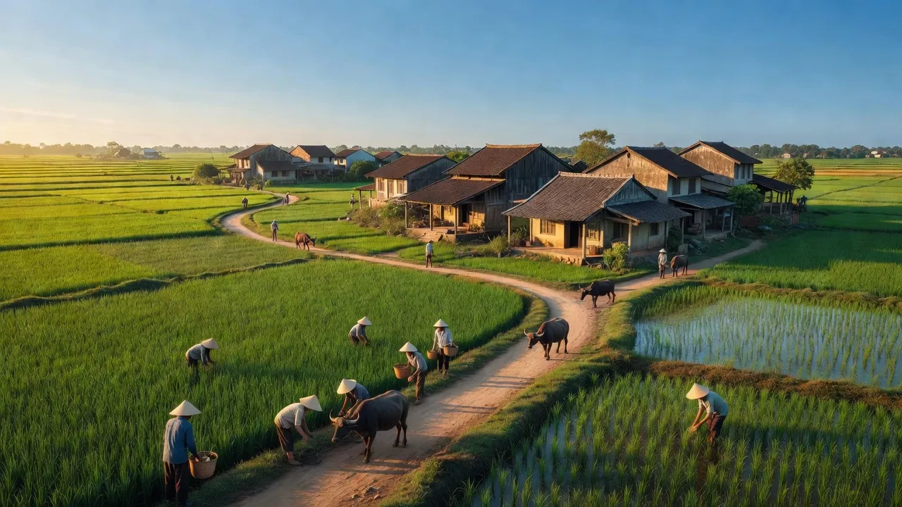 Cảnh đồng xanh và nhà truyền thống ở xã Hoa Viên, huyện Ứng Hòa, Hà Nội, thể hiện vẻ đẹp nông thôn.