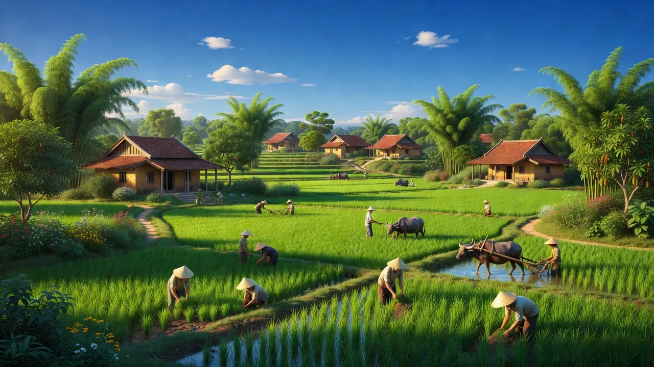 Xã Hoa Viên, huyện Ứng Hòa, Hà Nội với cánh đồng xanh và không khí yên bình của nông thôn.