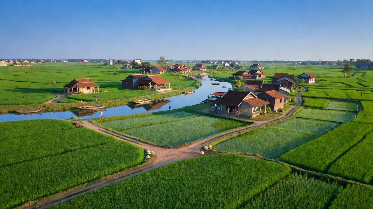 Cảnh đẹp xã Kim Đường, huyện Ứng Hòa, Hà Nội với ruộng lúa và nhà truyền thống.