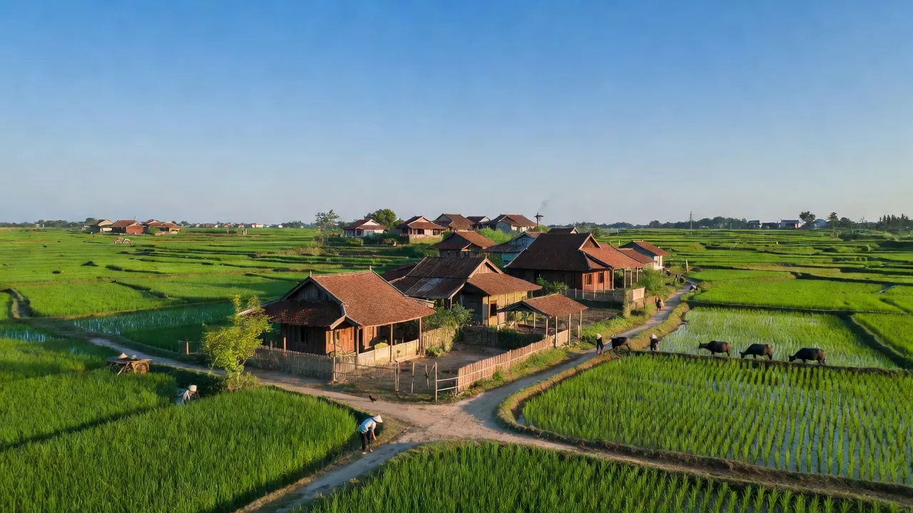 Khung cảnh Xã Kim Đường, Huyện Ứng Hòa, Hà Nội với cánh đồng xanh và nhà truyền thống.