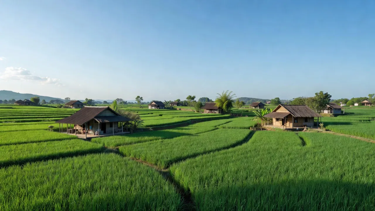 Khung cảnh nên thơ ở xã Liên Bạt, huyện Ứng Hòa, Hà Nội với đồng lúa xanh và nhà truyền thống.