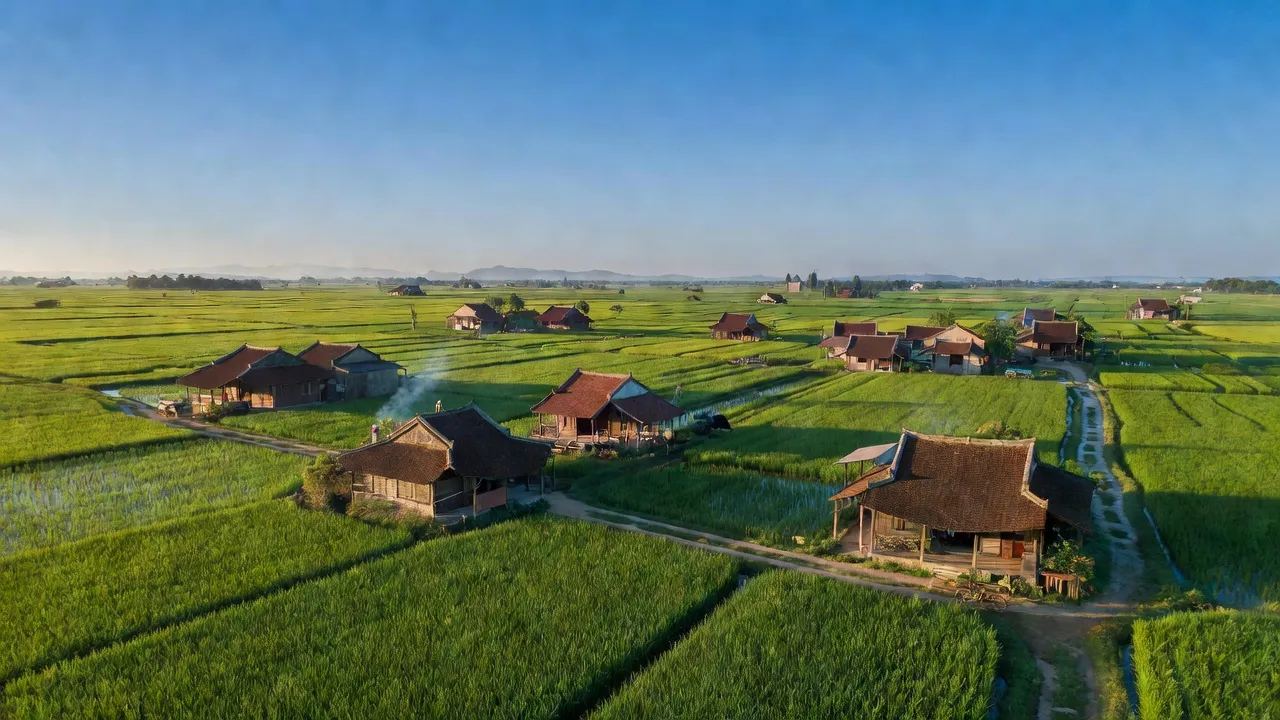 Khung cảnh xã Liên Bạt, huyện Ứng Hòa với ruộng bậc thang xanh tươi và nhà truyền thống.