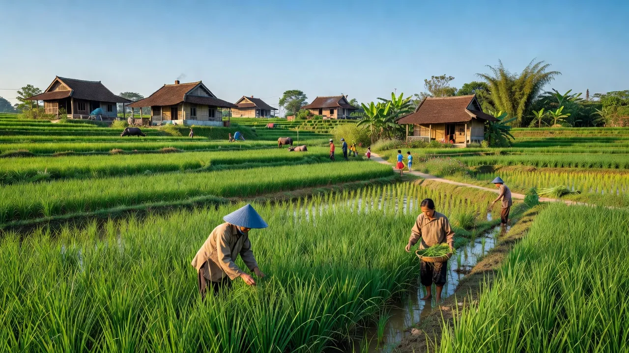 Cảnh quan yên bình xã Minh Đức, huyện Ứng Hòa, Hà Nội với cánh đồng xanh và nhà truyền thống.