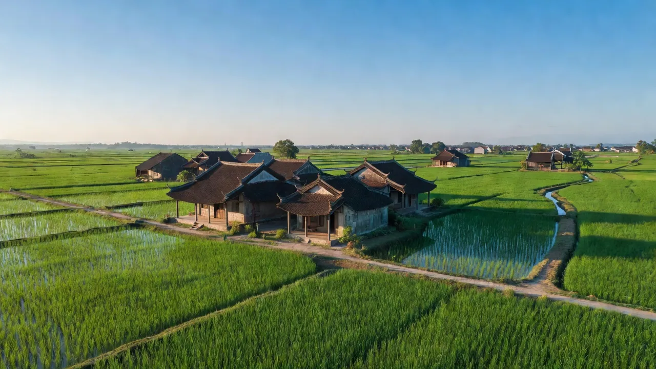 Khung cảnh yên bình của xã Minh Đức, huyện Ứng Hòa, Hà Nội với đồng xanh và nhà truyền thống.