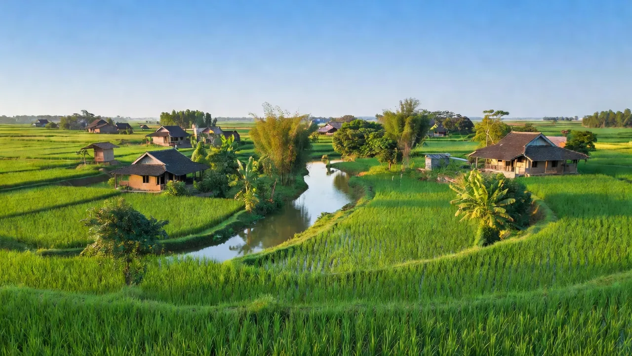 Khung cảnh nông thôn tại xã Phù Lưu, huyện Ứng Hòa, Hà Nội với cánh đồng xanh tươi.